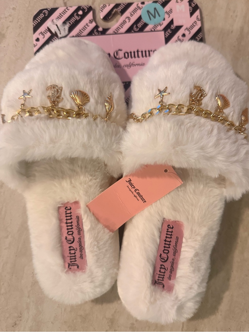 Juicy Couture Faux Fur Slides with Gold Charm Chain